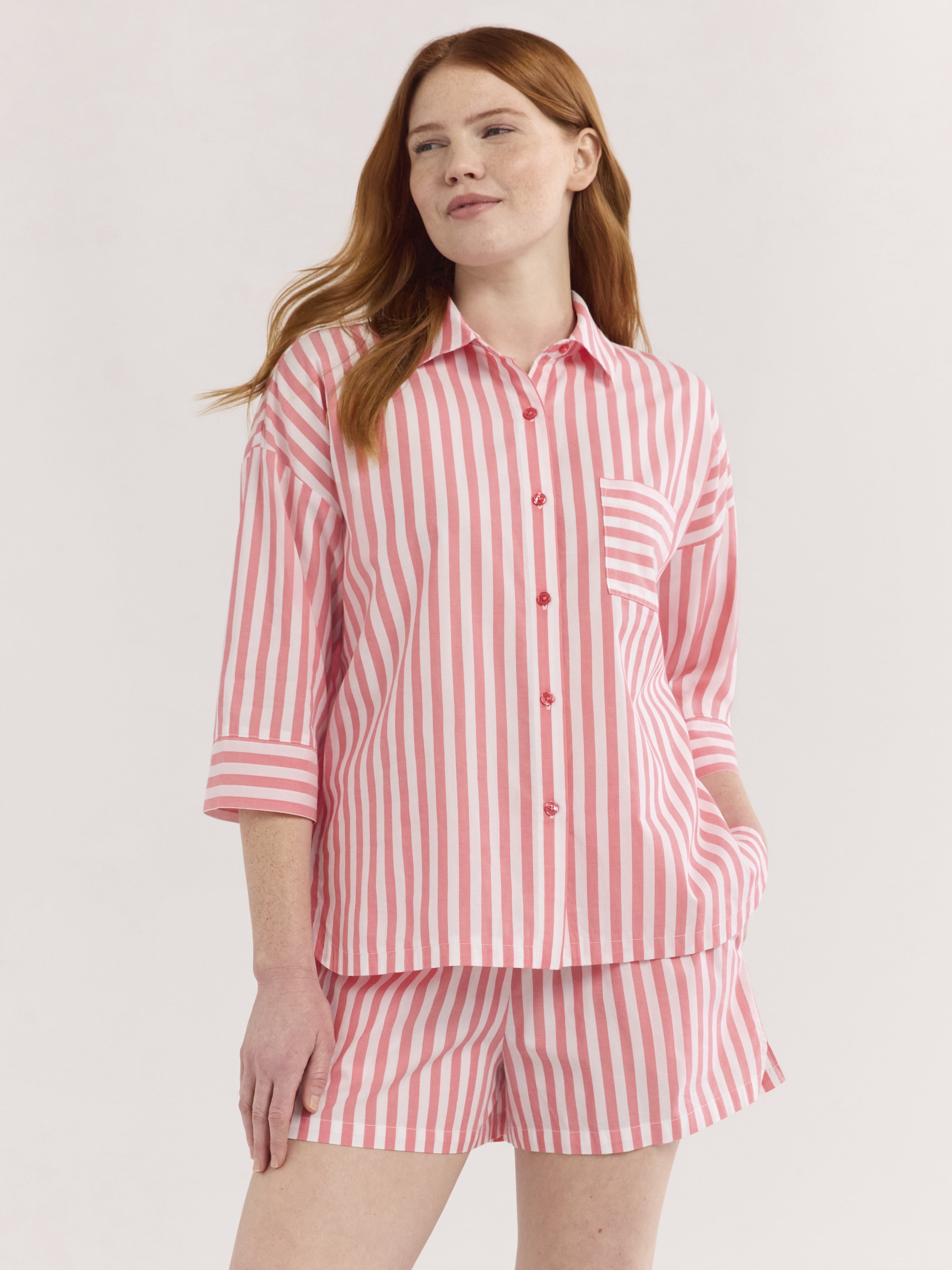 Joyspun Women’s Woven ¾ Sleeve Notch Collar Top and Boxer Shorts Pajama Set, Sizes XS-3X