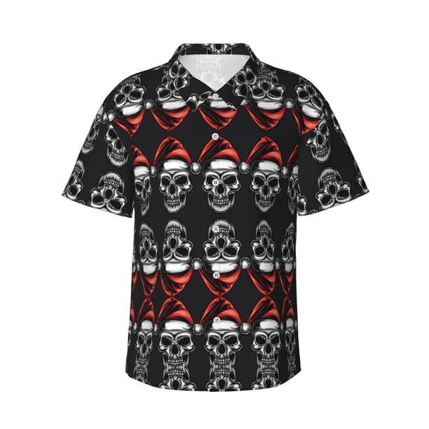 Balery Skull santa hat Camisas hawaianas de manga corta para hombre, camisas playeras de corte holgado, camisas de vacaciones con botones,Medium