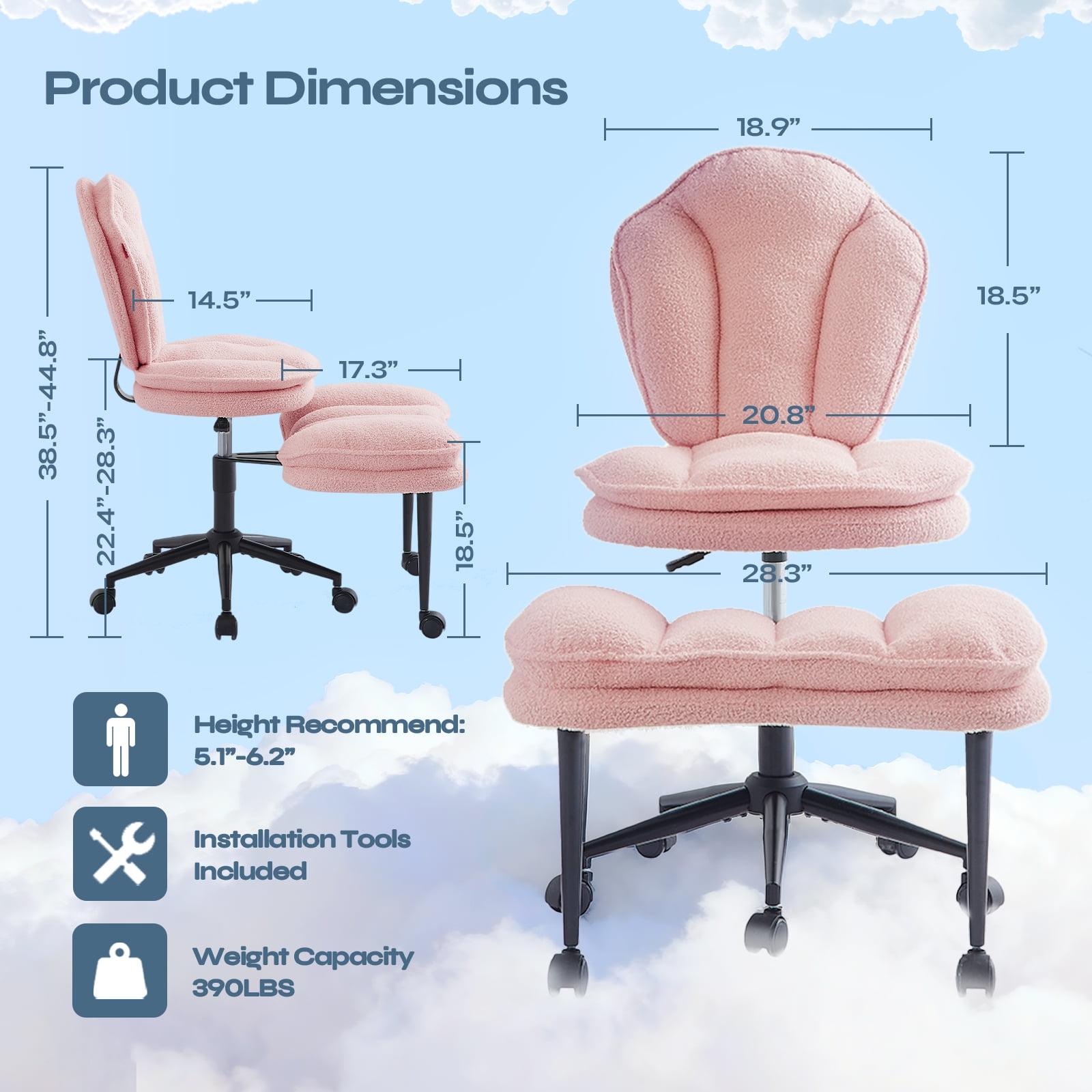Pinmoco Cloud-Style Cross Legged Office Chair, Kneeling & Criss Cross Swivel Desk Chair with Full Lumbar Support, 360° Rotating Footrest, Ergonomic ADHD Meditation Yoga Chair for Home Office, Pink