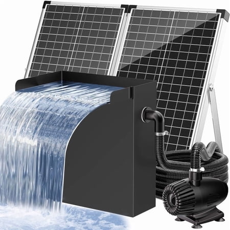 POPOSOAP 70W Solar Waterfall Spillway Kit, 304 Stainless Steel Pondless Waterfall Box with 580GPH Solar Water Pump, Complete Pond Kit with 10FT Tubing & Filter Brushes for Garden Landscapes