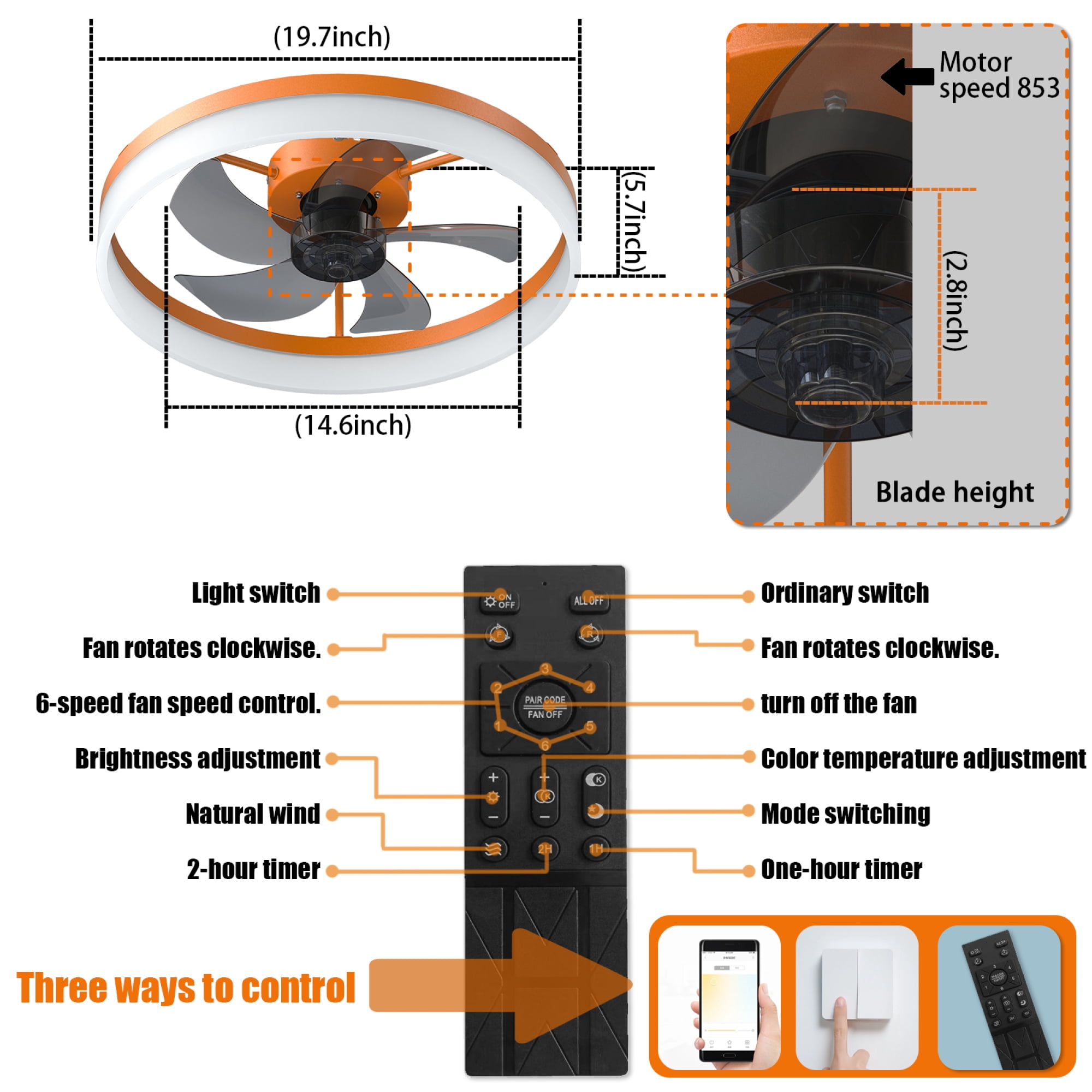 Leumius Ceiling Fans with Lights Dimmable LED Embedded Installation of Thin Modern Ceiling Fans or Bedroom, Kids Room, Study Room Light Orange