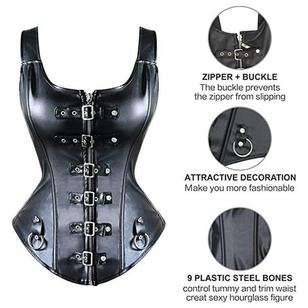 Women Steampunk Punk Rock Faux Leather Buckle Up Corset Bustier Basque Top Walmart