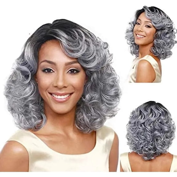 Gray wavy wig high-temperature silk center-parted short curly hair