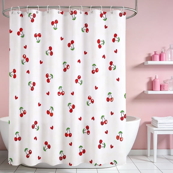 Auckpure Kids Red Cherry Shower Curtain Cherry Pattern Bath Curtain Boys Girls Cute Fruit Bathroom Shower Curtain Set Kawaii Cartoon Fruit Teens Bathroom Accessories Room Decor 72"x72"