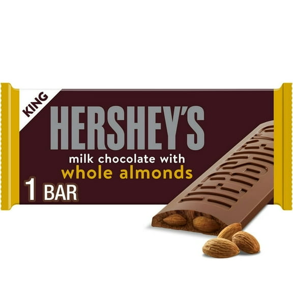 Hershey's Milk Chocolate with Whole Almonds King Size Candy, Bar 2.6 oz (pack of 2)