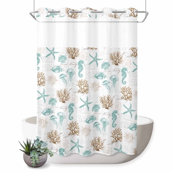No Hook Shower Curtain with Built-in Rings - Coastal Nautical Washable Waterproof Fabric Bathroom Curtains for Hotel,Rentals, 72 X 84 Inch Extra Long , Seahorse Coral Starfish Shell Aqua Brown