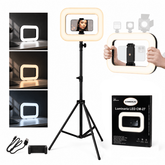 Aro de luz LED rectangular con Trípode 2.1 m | Luz ajustable | Batería recargable