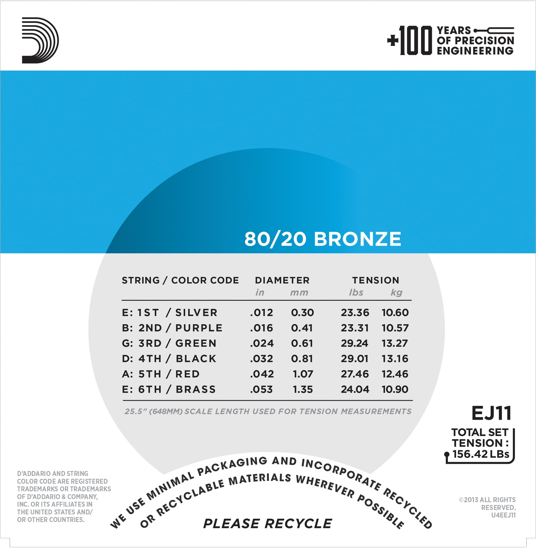 D'Addario Guitar Strings - 5 -Pack - Acoustic - EJ11 Light 12-53 80/20 Bronze
