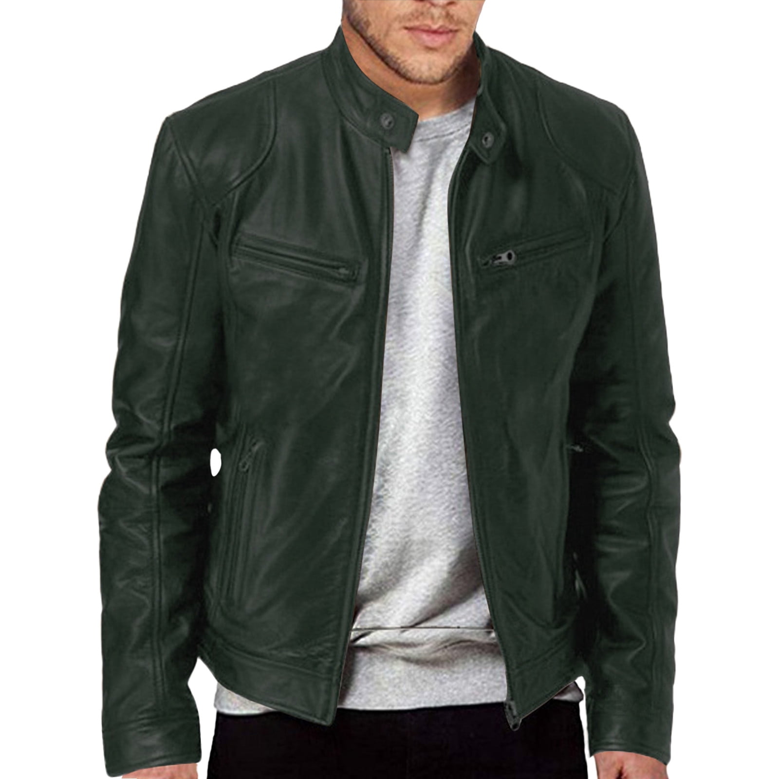 Mens Retro Faux Leather Jacket Varsity Baseball Bomber Jacket Zip Up Fall Winter Tops Green XL