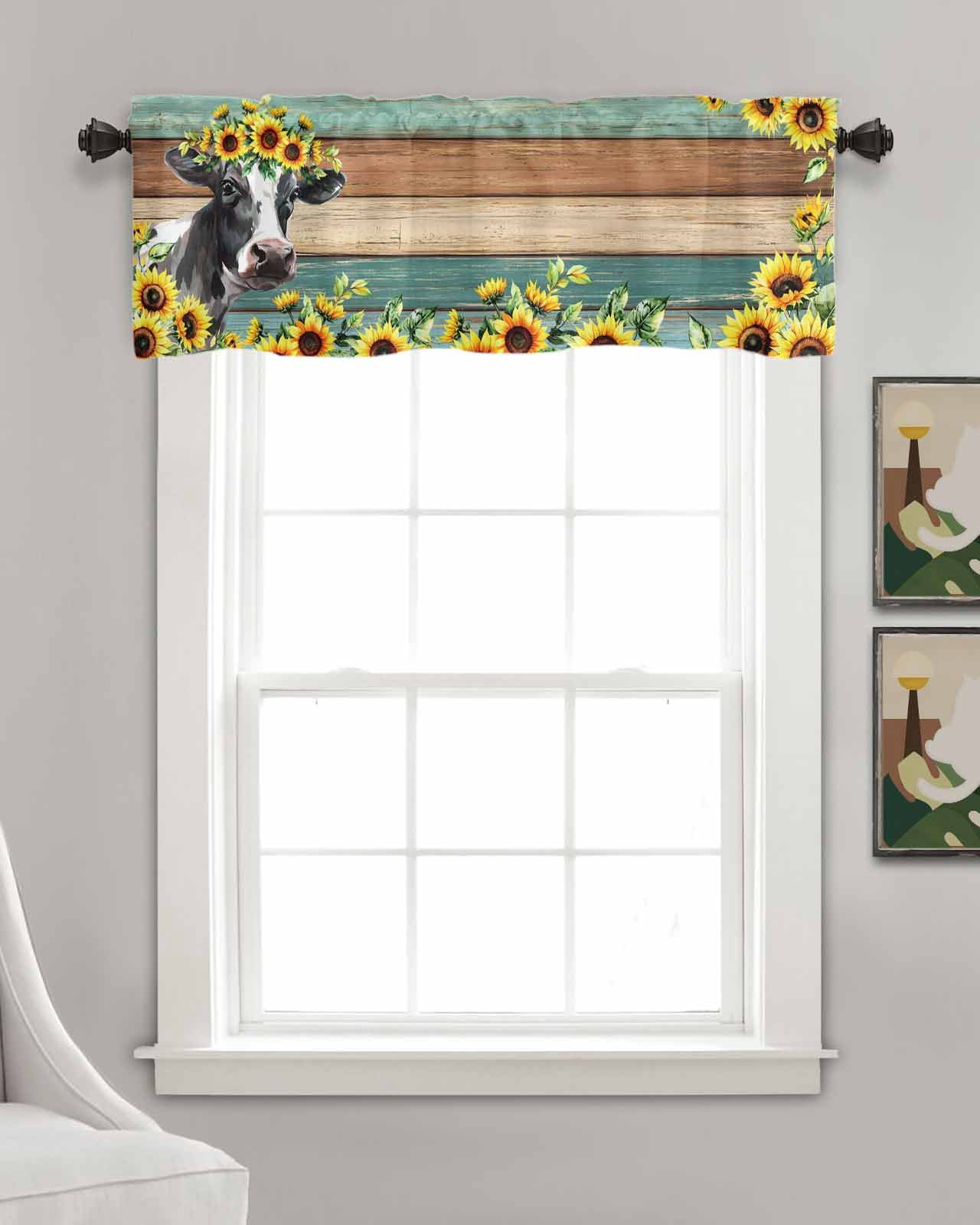 Sunflower Cow Kitchen Valances for Windows Farmhouse Linen Window Valance Curtain for Living Room Window Treatment Rustic Teal Brown Farmhouse Wood Grain Valance Rod Pocket Topper Drape, 60 x 18 Inch