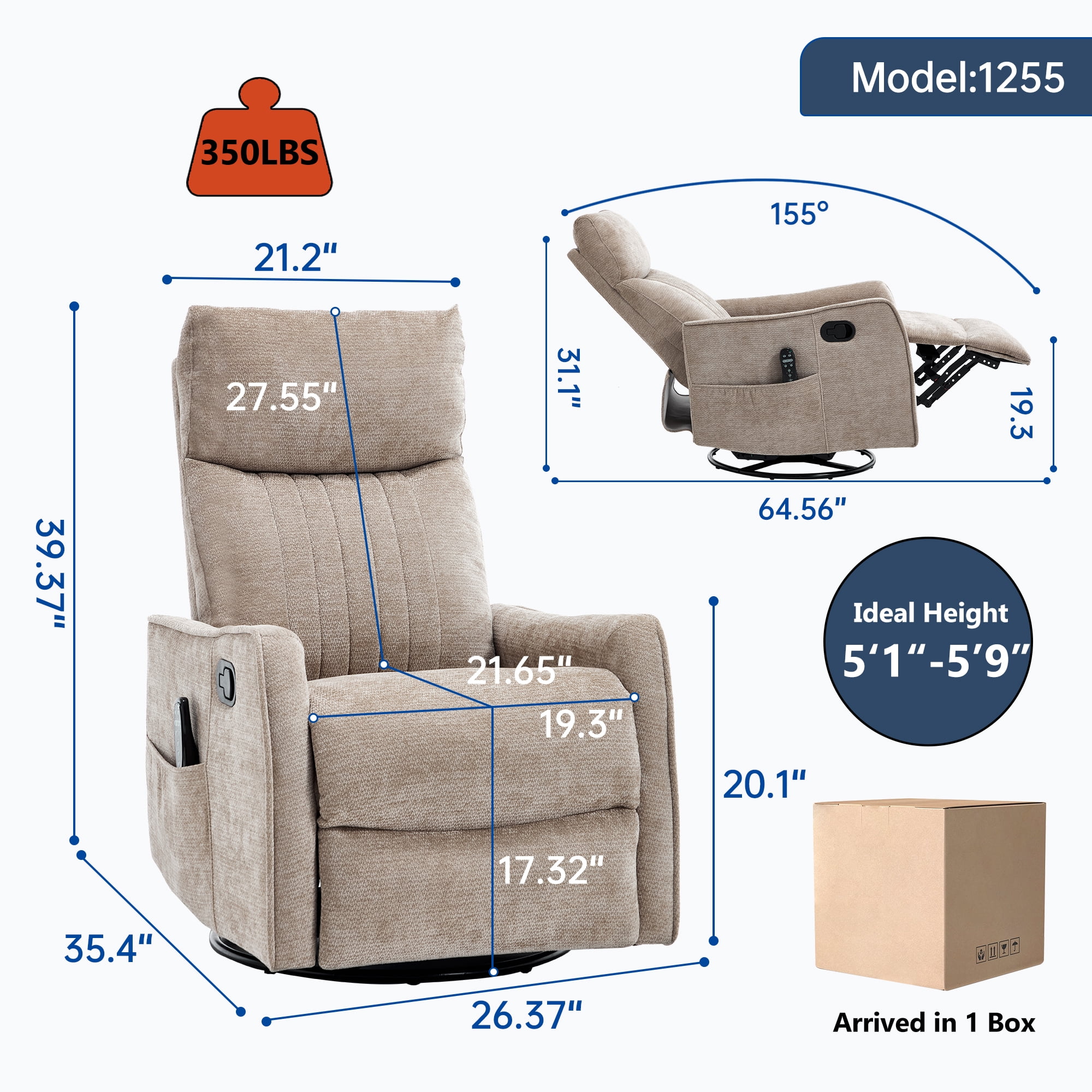 Leumius Manual Swivel Rocker Recliner Chair for Adults,Overstuffed Reclining Glider Chair with Vibration Massage & Heat,Upholstered Recliners with Side Pockets for Living Room,Khaki Chenille