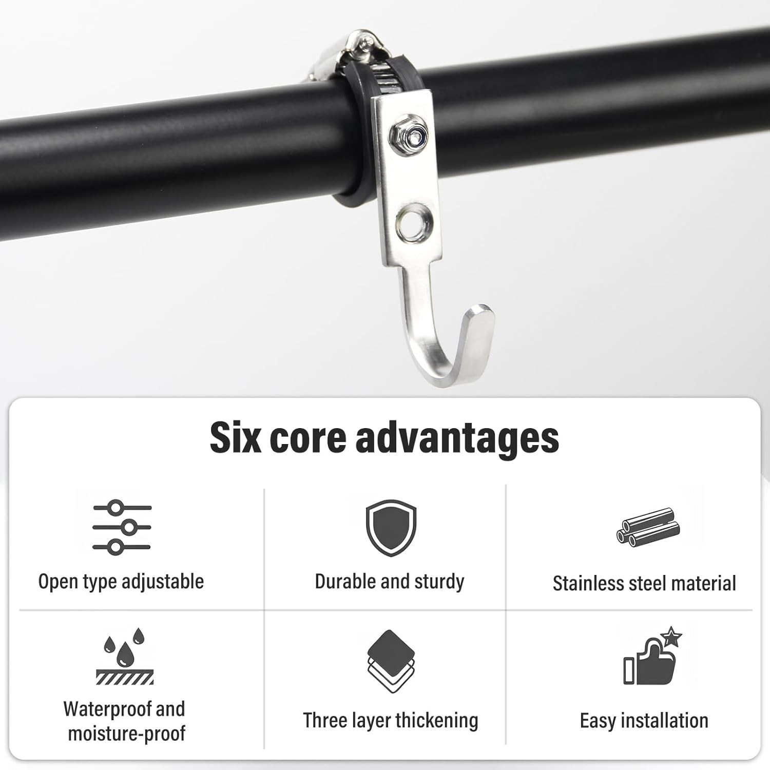 FRKSMD-Tube Rod Hooks,Stainless Steel Adjustable J Hook, for 0.83"-1.5" in (21-38mm) Inner Dia Adjustable Rod,Bathroom Wardrobe Pipe Hanger,Large Square Hooks (2 Pack)