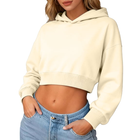 Lumtrix Women's Casual Crop Hoodie - Long Sleeve Cute Plain Workout Sweatshirt Drawstring Hooded Pullover Top Beige L