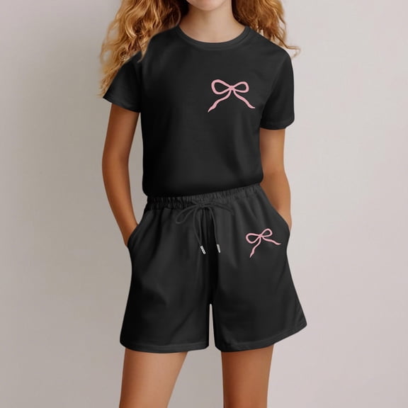 Angala 2 Piece Outfits For Girls Crew Neck Short Sleeve Bowknot Print T Shirt With Active Shorts Set Girls Autumn Daily Wear Clothes