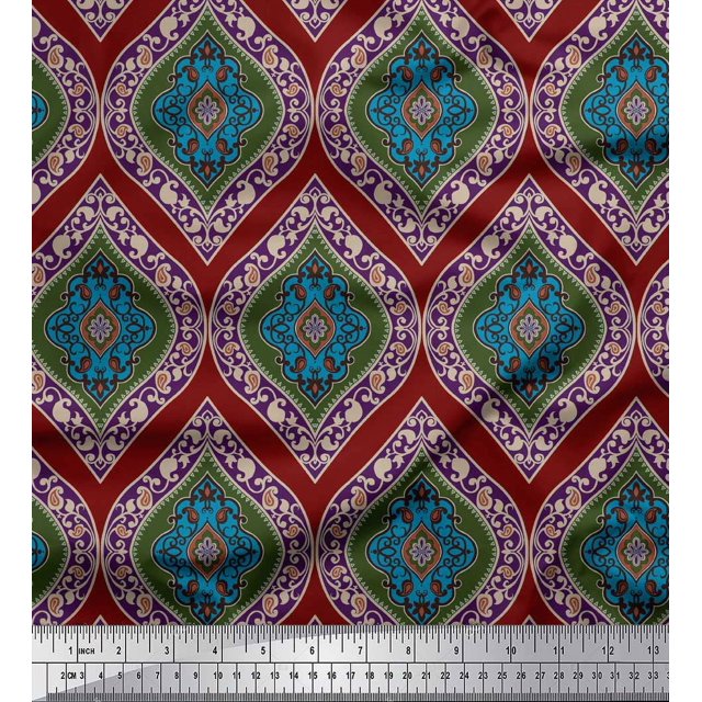 Soimoi Red Cotton Poplin Fabric Seamless Damask Decor Fabric Printed Yard 56 Inch Wide