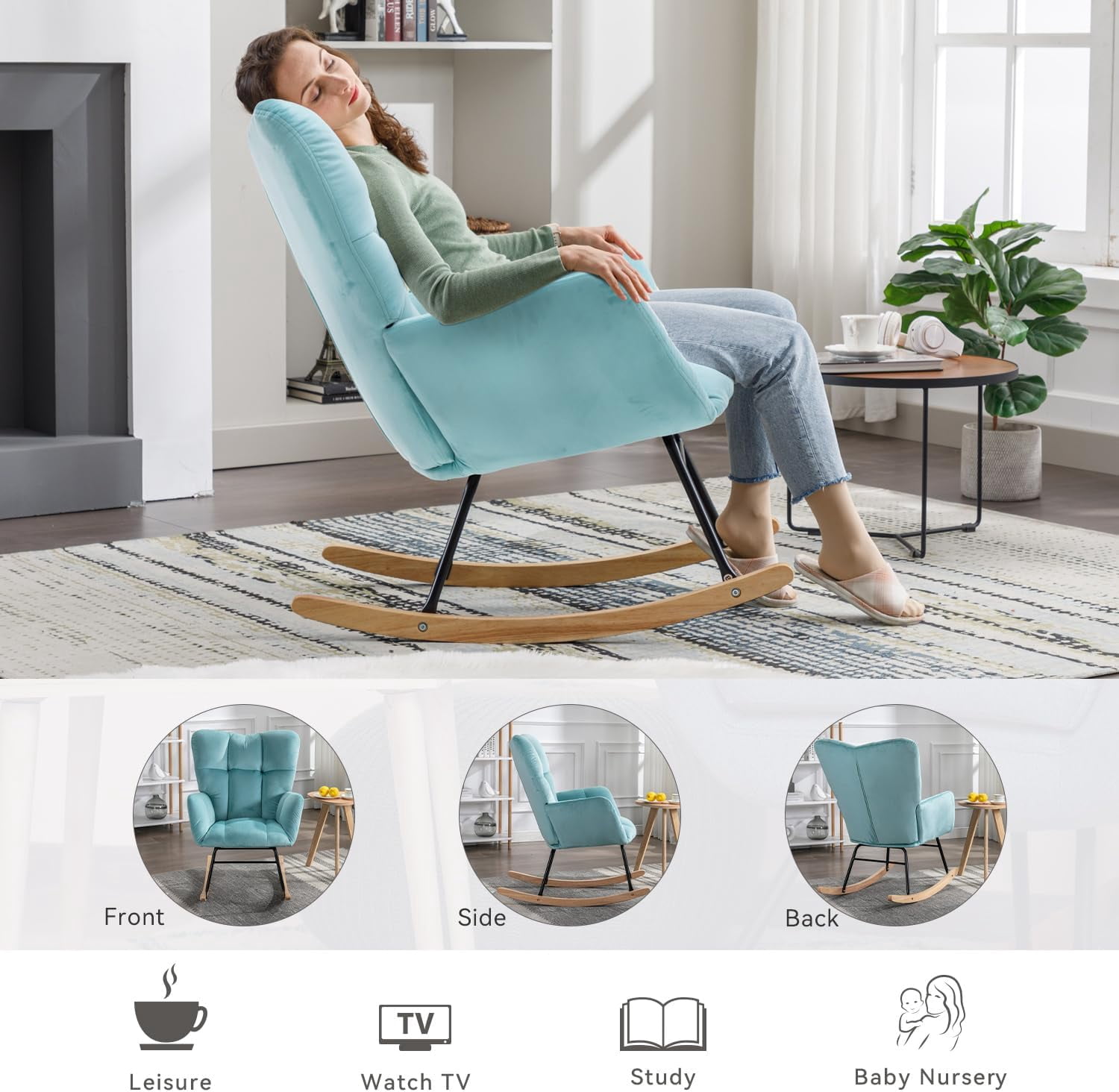 Rocking Chair Nursery Teddy Upholstered Glider Rocker High Backrest Nursery Rocker Comfortable Stylish Accent Armchair for Living Rooms Bedrooms Offices