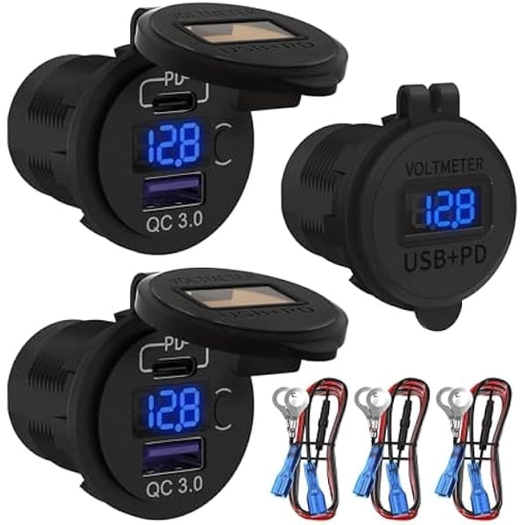 12V USB C Car Charger Socket, 12V USB Outlet, 48W PD Type C & QC 3.0 12 Volt Dual USB Charging Socket Port Waterproof with Voltmeter & ON/Off Switch for Car Marine Boat Golf Cart -3Pack