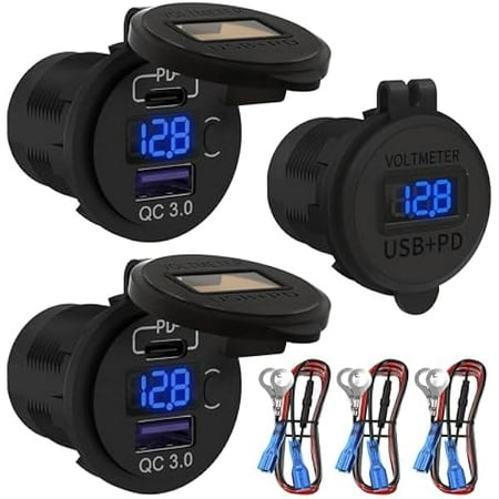 xixishop DaierTek 12V USB C Car Charger Socket 3-Pack - 48W PD & QC 3.0 Fast Charging Dual USB Outlet with Voltmeter & ON/Off Switch Waterproof 12V Charging Port for Car Marine Boat Golf Cart