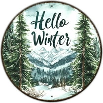 Round Christmas Metal Tin Sign Hello Winter Sign Christmas Pine Trees Welcome Door Sign Xmas Winter Holiday Farmhouse Rustic Wreath Sign for Indoor Outdoor Home Wall Window Decor 12*12 in