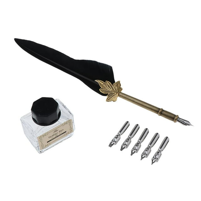 Abbracc Vintage Feather Writing Quill Ballpoint Pen Set Black