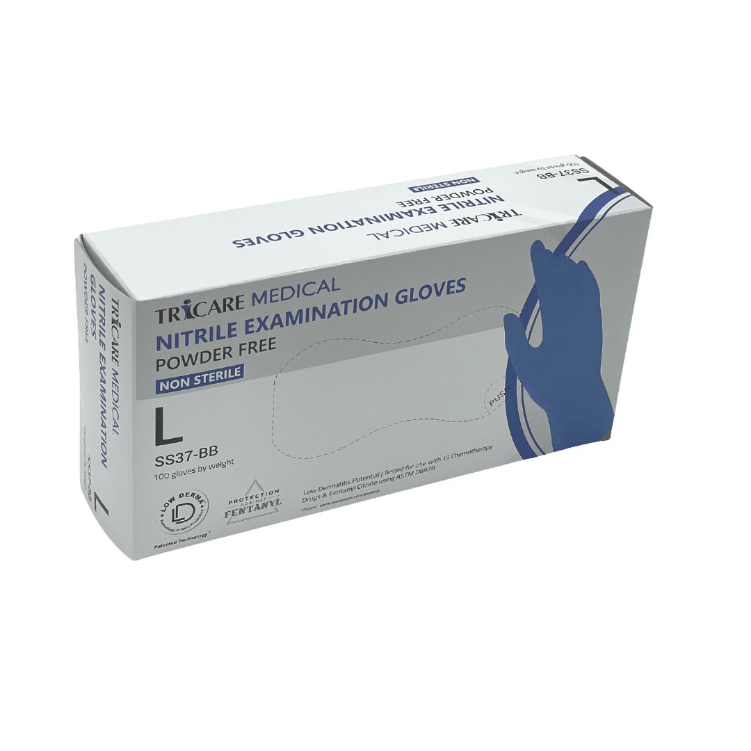 TRICARE MEDICAL, Nitrile Exam Gloves, Low Derma, Chemo Drug Tested, 4.7 Mil, Blue, Box of 100, Large