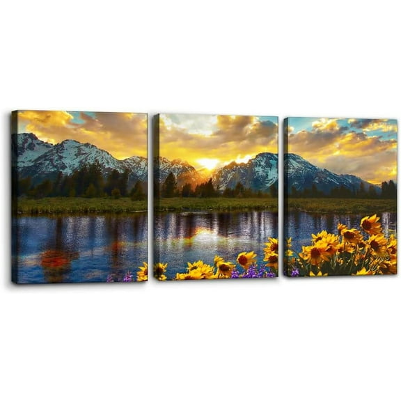 3 Pieces Mountain Canvas Wall Art for Living Room Nature Landscape Picture Sunflower Wall Decor for Bedroom Home Decoration Sunrise Grand Teton National Park Painting Framed Artwork - 12" x 16" x 3