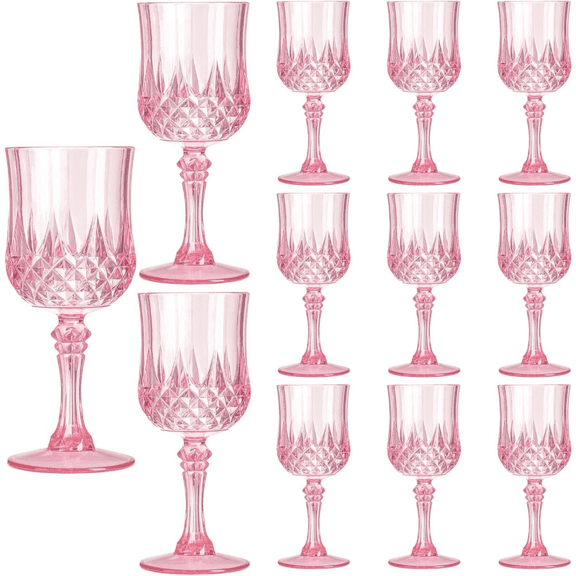 12 Pcs Pink Plastic Stemmed Wine Glasses – Reusable Champagne Flutes for Wine, Cocktails, Mimosas, Bridal Showers, Bachelorette Parties, Weddings, Halloween & Christmas Holiday Drinkware or Gift