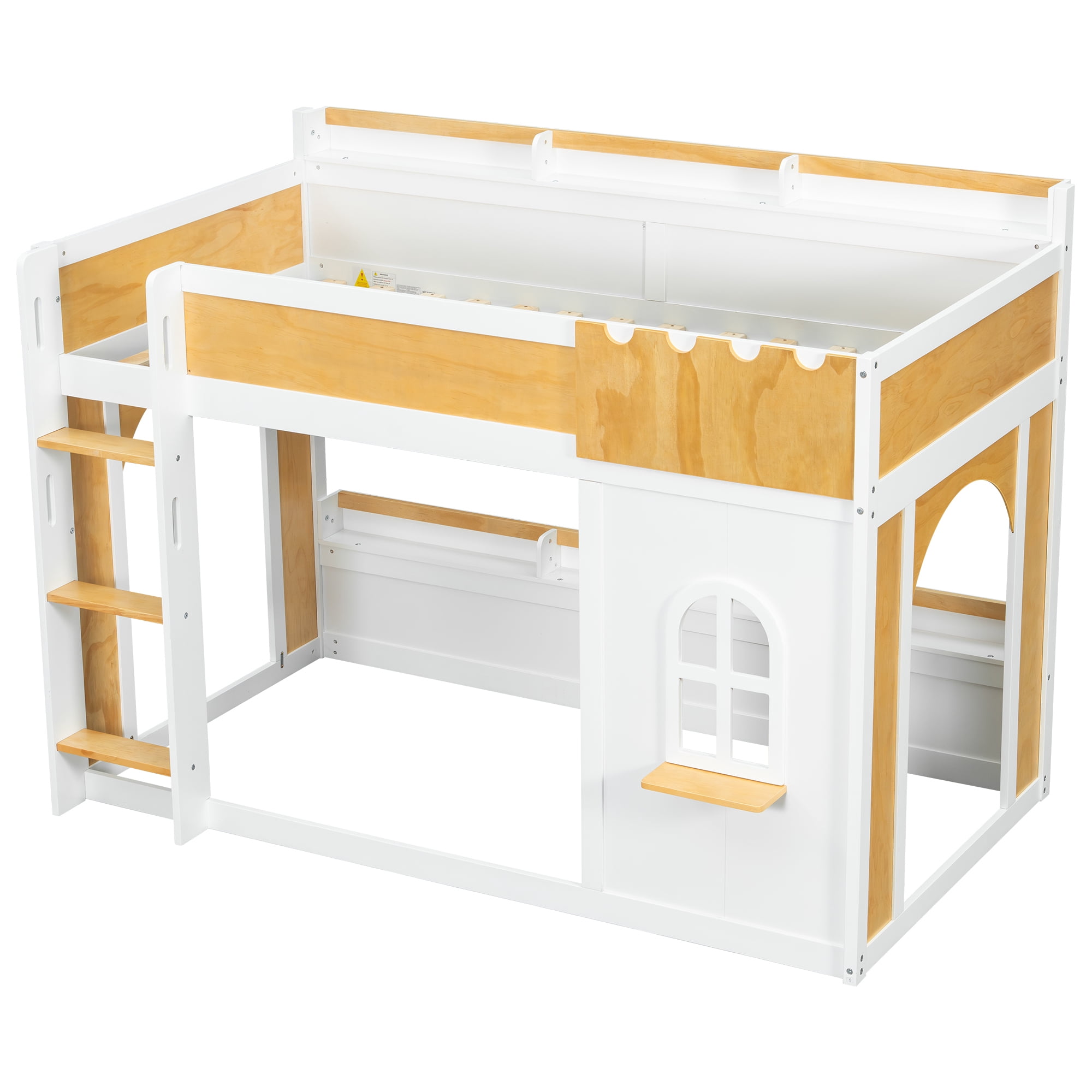 Euroco Wood Twin over Twin Bunk Bed with Storage Shelves, House Shaped Design Loft Bed, White & Natural