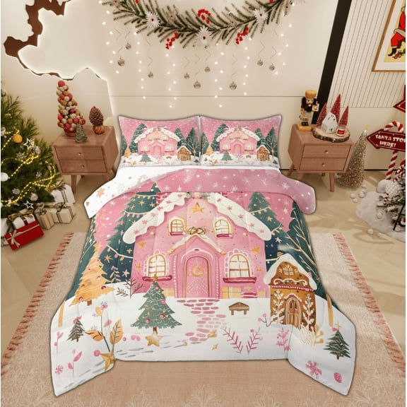 Feelyou Pink Winter Horse Queen Comforter Set, Dreamy Fairy Tale Bedding Sets, Merry Christmas Reversible Bedding Comforter Set, Lightweight Room Decor,3 Pieces