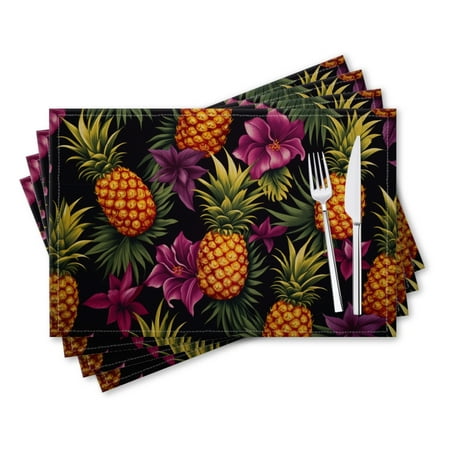 

BaHomeck placemats Set of 4 rectangle Linen Cotton Placemats for Dining Table Washable Heat Resistant 18*12inch Pineapples On Black Background