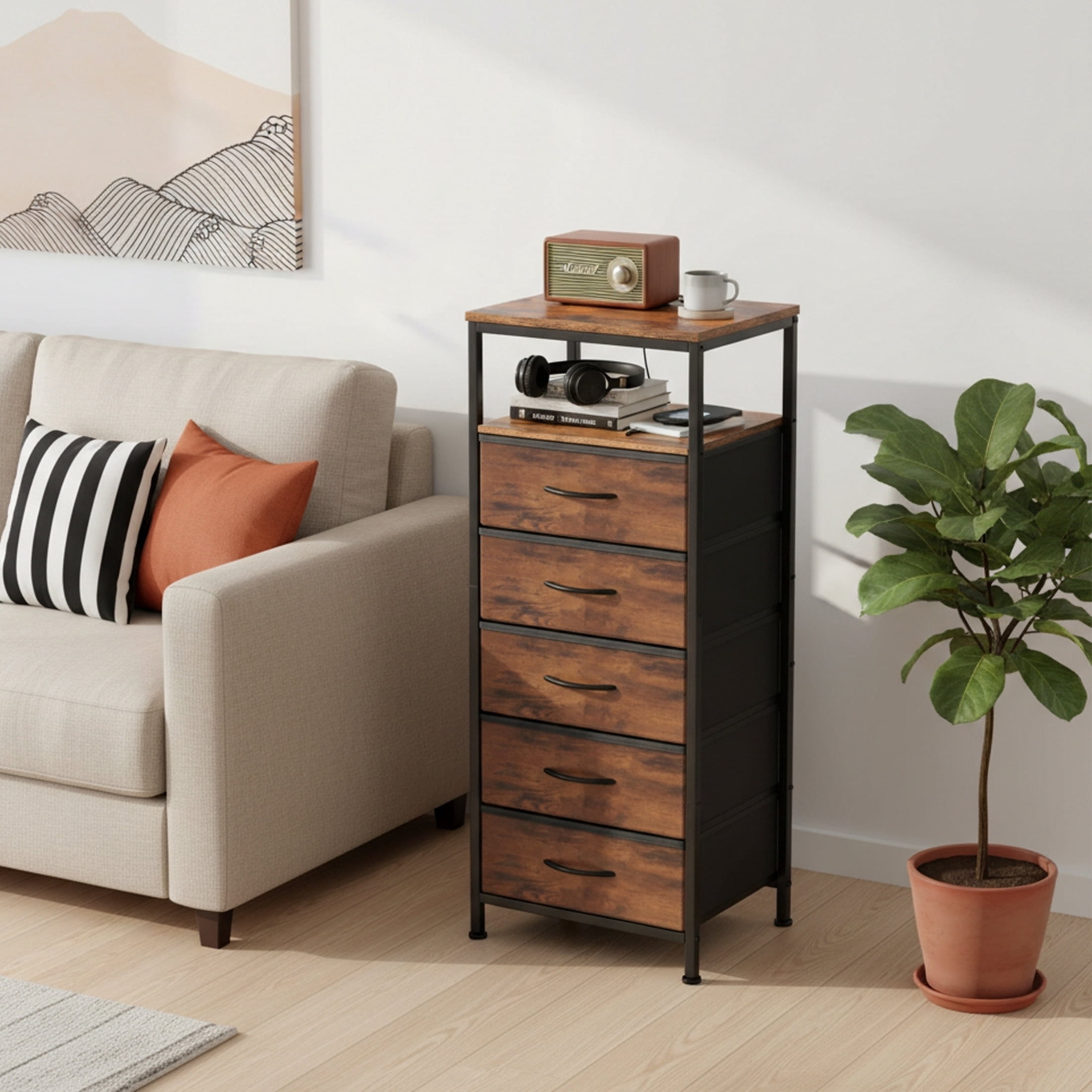 CONCETTA 5 Fabric Drawers Nightstand with Charging Station, USB/Type-C Ports, Adjustable Feet, Bedroom, Rust Brown