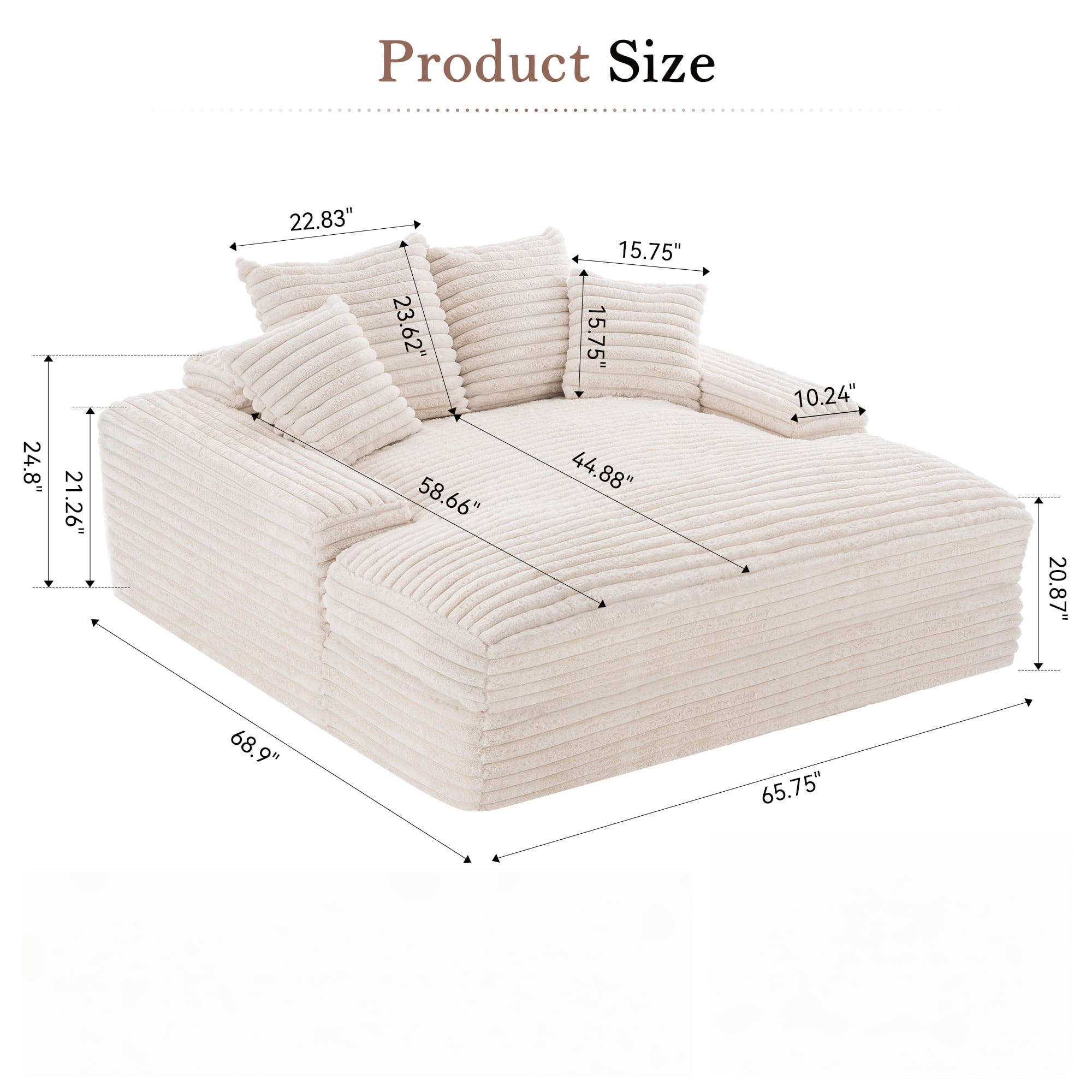 Modern Corduroy Oversized Chaise Lounge Chair, 66"Double Daybed Sofa Sleeper with 4 Pillows, No Assembly Cloud Couch for Living Room, Beige