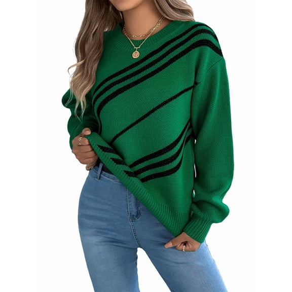 Women'S Casual Striped Round Neck Lantern Long Sleeve Pullover Sweater Green S
