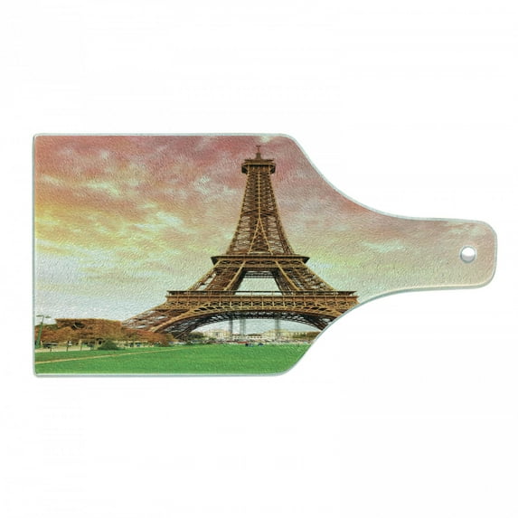 Eiffel Tower Cutting Board, Eiffel Tower Colorful Sky Grass Nature European Clouds Photography, Decorative Tempered Glass Cutting and Serving Board, Wine Bottle Shape, Coral Brown, by Ambesonne