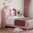 thumbnail image 4 of IDEALHOUSE Upholstered Twin Bed Frame with LED Lights, Velvet Platform Bed with Wingback Storage Headboard, Wood Slat Support, No Box Spring Needed, Easy Assembly, Pink, 4 of 9