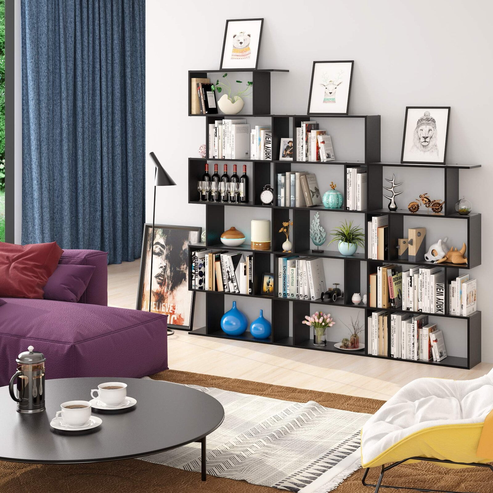 Homfa Geometric Bookcase Wooden Wood S Shape Storage Display Unit Bookcase Bookshelf 6-tier Storage, 75" H x 27.6" W, Black