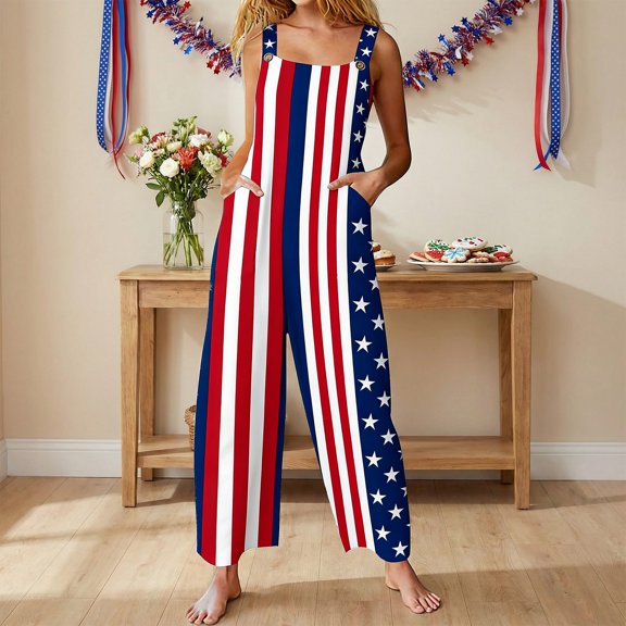 EliteGoogv Womens Jumpsuit Patriotic Strapless Romper Floral Print Lightweight Summer Overalls For Women 4th of July Outfit 250th Independence Day L Blue