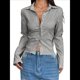 thumbnail image 1 of Camisa Corta A Rayas con Botones para Mujer, Blusa Ajustada de Larga, Camisa de Trabajo Gris L, 1 of 9
