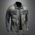 thumbnail image 4 of FAHUOMU Denim Jacket Mens Slim Fit Retro Distressed Ruched Jackets Paneled Button-Down Denim Jacket Fashion Versatile Coats, 4 of 7