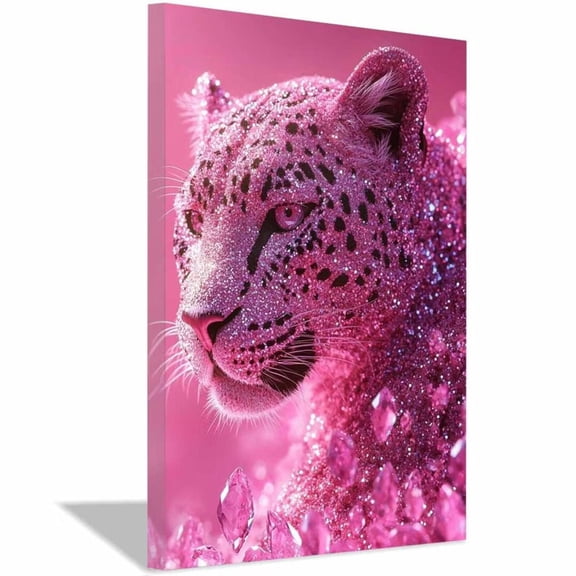 Mudket Framed Pink Glitter Leopard Canvas Wall Art, Sparkly Glam Animal Print Wall Decor, Ready to Hang for Girls Bedroom - 12"L x 8"W
