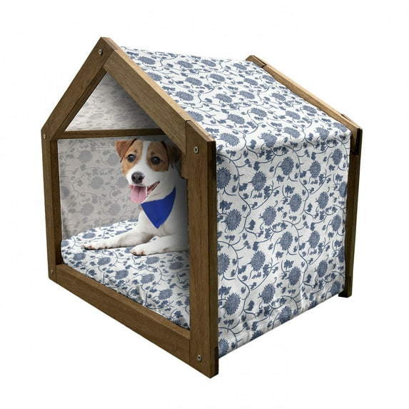 Blue Pet House, Chinese Floral Garden Pattern Nature Inspirations with Traditional Ornament Design, Outdoor & Indoor Portable Dog Kennel with Pillow and Cover, 5 Sizes, Blue White, by Ambesonne