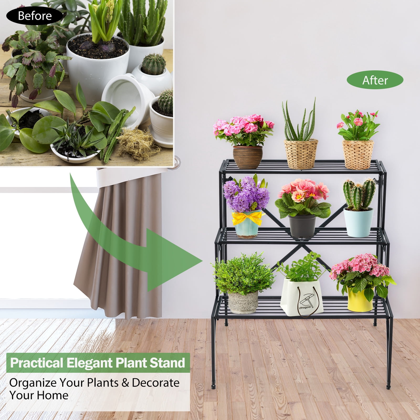Support à Plantes 3 Étagères En Métal - Échelle Design, Pieds Réglables, Intérieur/Extérieur