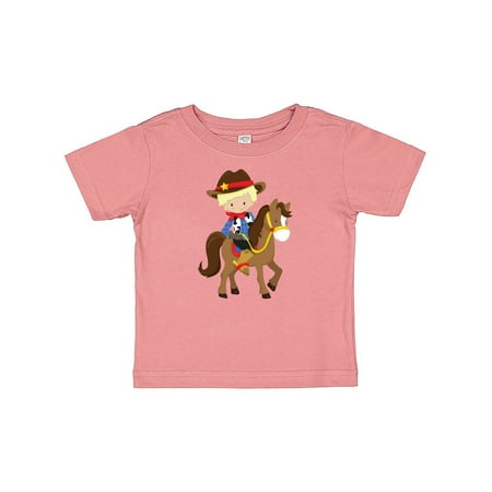 

Inktastic Little Cowboy Cowboy On Brown Horse Blond Hair Gift Baby Boy T-Shirt