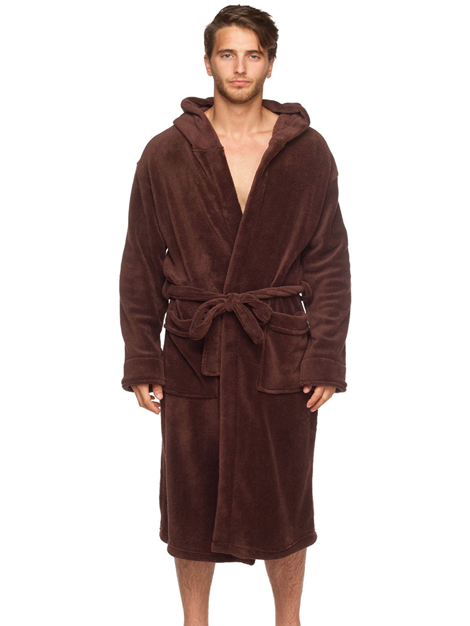 Wanted Mens Bathrobe Hooded Robe Plush Micro Fleece with Front Pockets