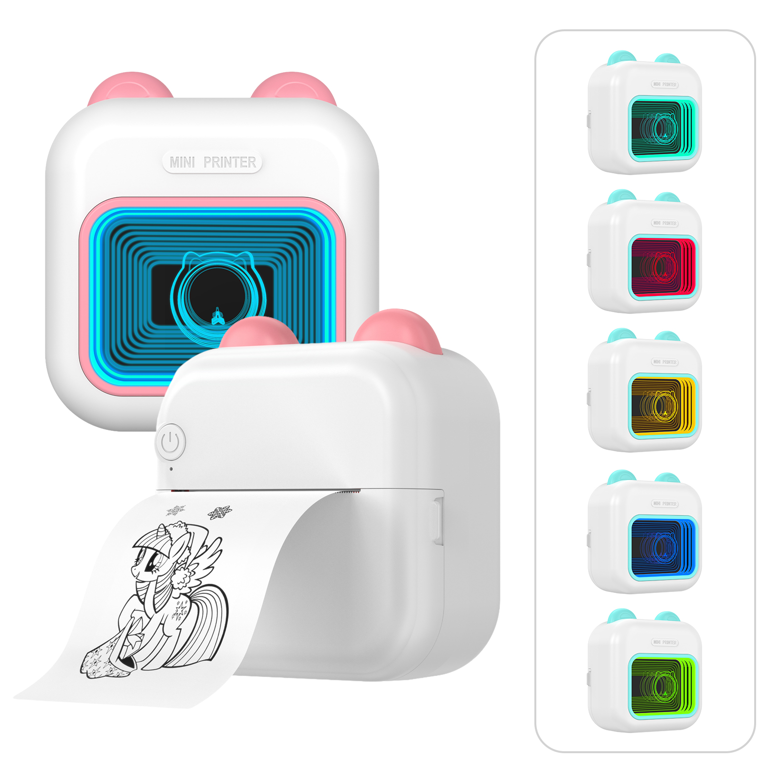 Mini Pocket Thermal Instant Photo Printer 7-Color LED Light Label Maker Machine BT Wireless Connect Compatible with Android or iOS APP Support Receipt Label Memo Sticker Notes Lists Scrapbook DIY