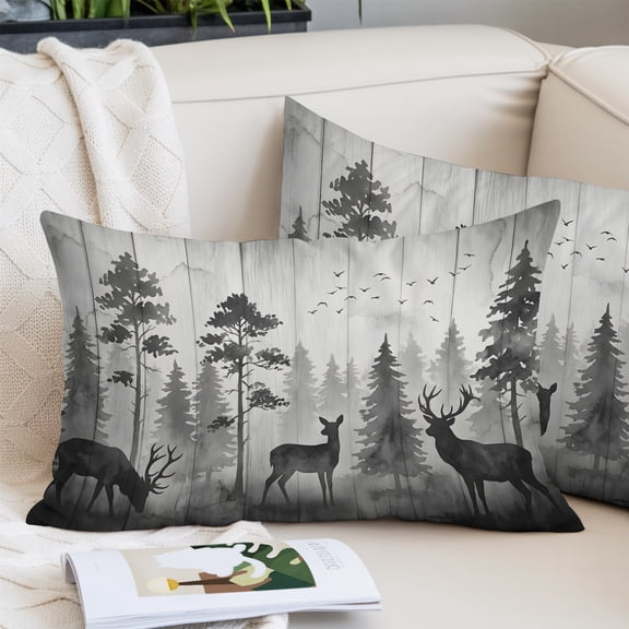 Black Deer Silhouettes Throw Pillow Cover, Pillowcase Protectors with Zipper, Breathable Decorative Lumbar Pillow Case Cover, Wooden Fores Elk Pillow Shams for Couch Sofa 12x20Inch