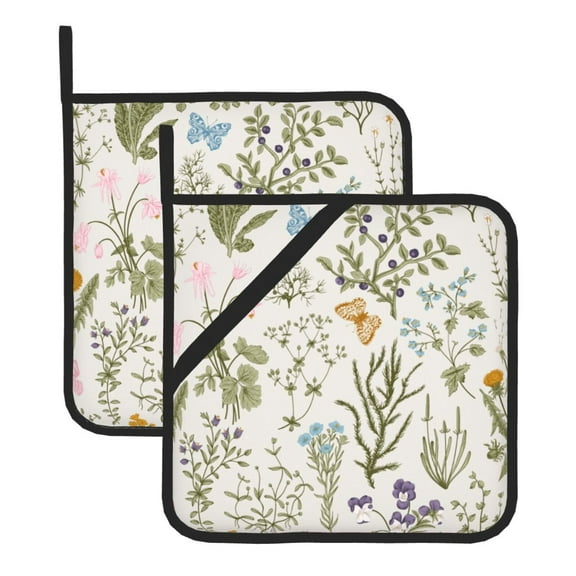 Kitchen Pot Holders Heat Resistant Oven Hot Pads With Hand Pockets And Hanging Loops For Baking Cooking 2 Pack 8'' X 8'' Vintage Floral Cottage Butterfly Berry
