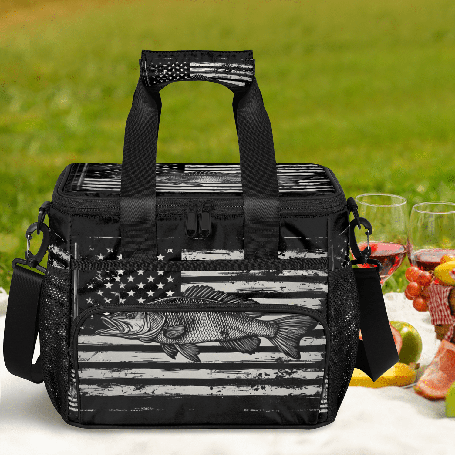 Herdesigns American Flag Large Insulated Lunch Box for Adults Women Men with Adjustable Shoulder Strap, Bass Fish Reusable Cooler Lunch Bag for Offices Picnic Hiking Beach