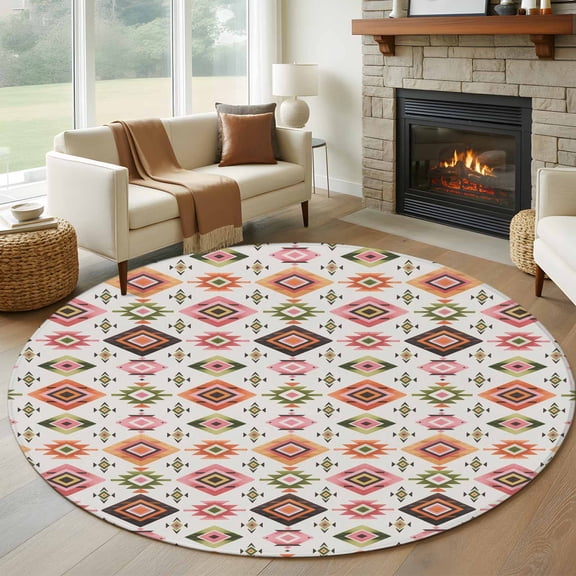 8ft Round Rug, Boho Geometric Non-Skid Rubber Backing Large Area Rugs - Living Room Bedroom Home Office, Modern Abstract Art Ethnic Rhombus Indoor Floor Mat Carpets Washable Rug