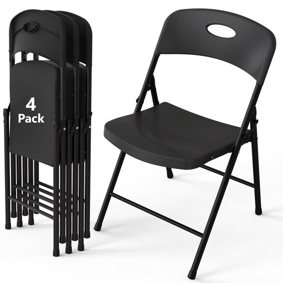 WASUHE 4PCS Folding Chairs with Enhanced Iron Frame, Outdoor Plastic Stackable Foldable Chairs for Outside, Indoor, Party, Wedding, Meeting Room, Patio, Garden, Weight Capacity 350 lbs, Black